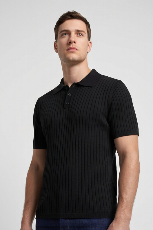 Vernon — Ribbed Short Sleeve Polo Shirt - Black