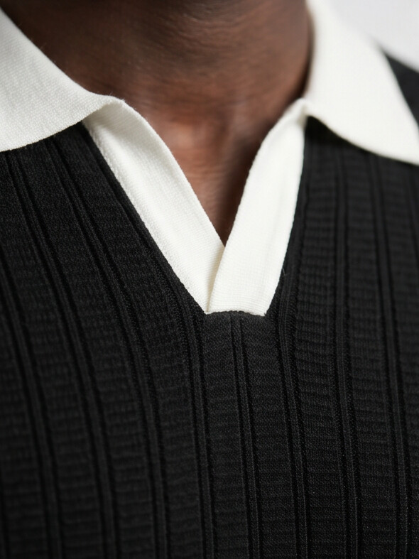 Benton - Ribbed Short Sleeve Polo Shirt | Black/White