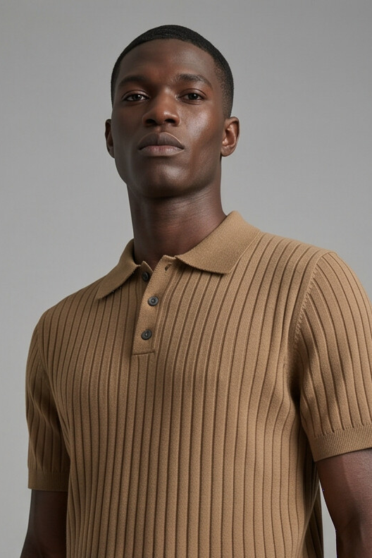 Vernon — Ribbed Short Sleeve Polo Shirt - Camel
