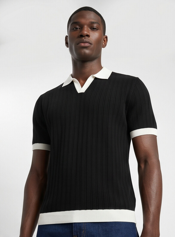 Benton - Ribbed Short Sleeve Polo Shirt | Black/White
