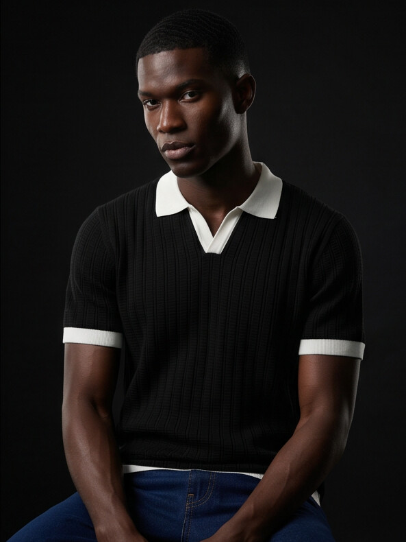 Benton - Ribbed Short Sleeve Polo Shirt | Black/White