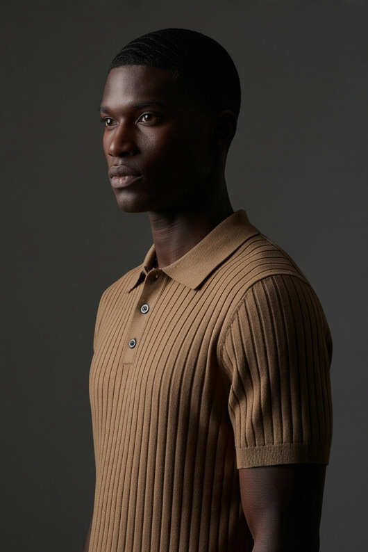 Vernon — Ribbed Short Sleeve Polo Shirt - Camel