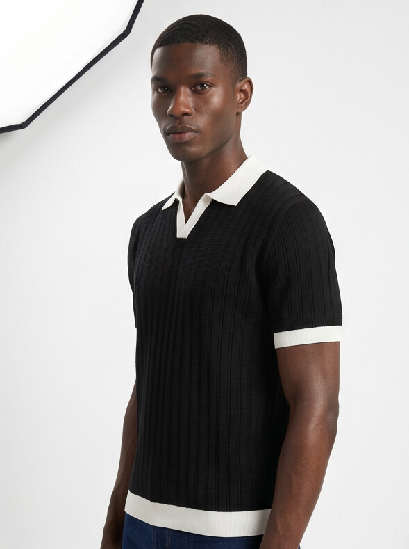 Benton - Ribbed Short Sleeve Polo Shirt | Black/White