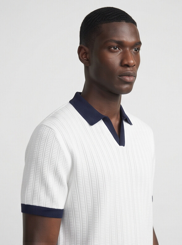 Benton - Ribbed Short Sleeve Polo Shirt | White/Navy