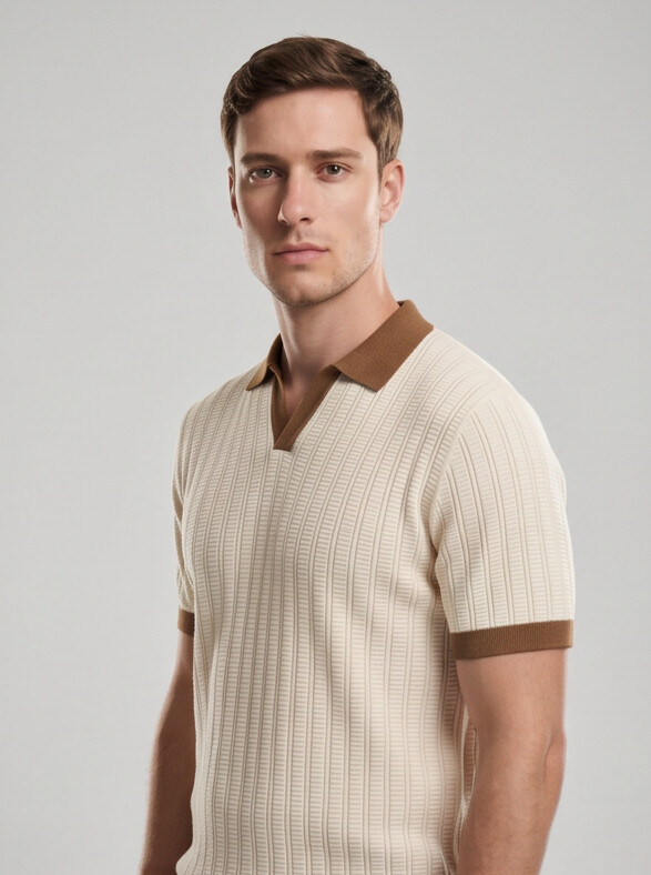 Benton - Ribbed Short Sleeve Polo Shirt | Cream/Brown