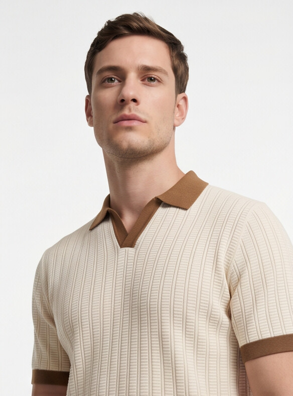Benton - Ribbed Short Sleeve Polo Shirt | Cream/Brown