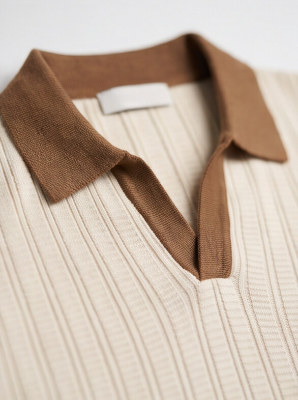 Benton - Ribbed Short Sleeve Polo Shirt | Cream/Brown