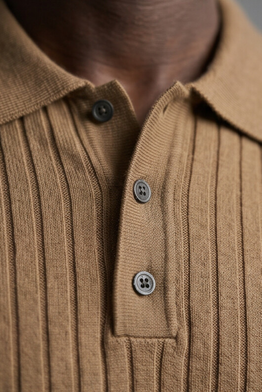 Vernon — Ribbed Short Sleeve Polo Shirt - Camel