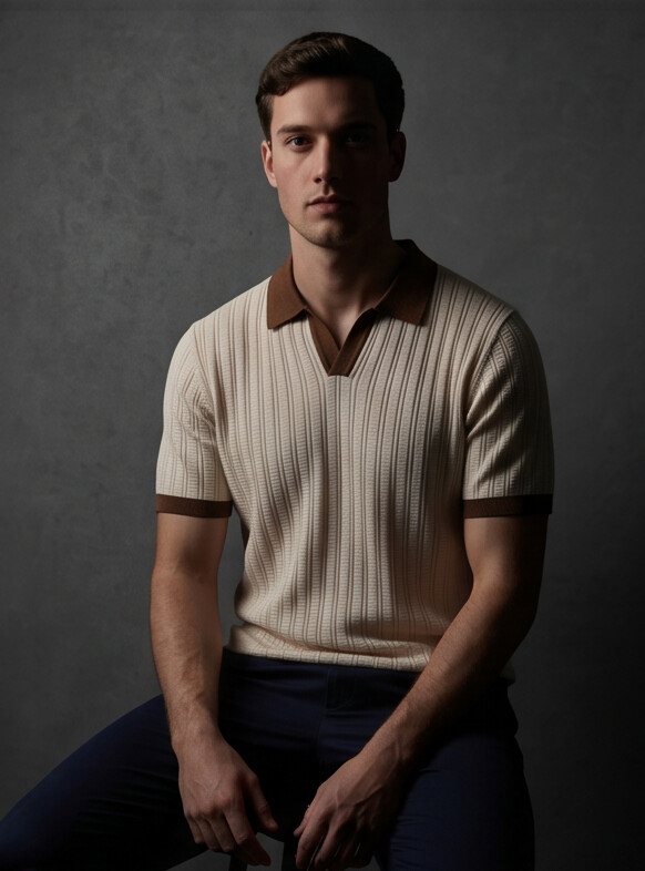 Benton - Ribbed Short Sleeve Polo Shirt | Cream/Brown