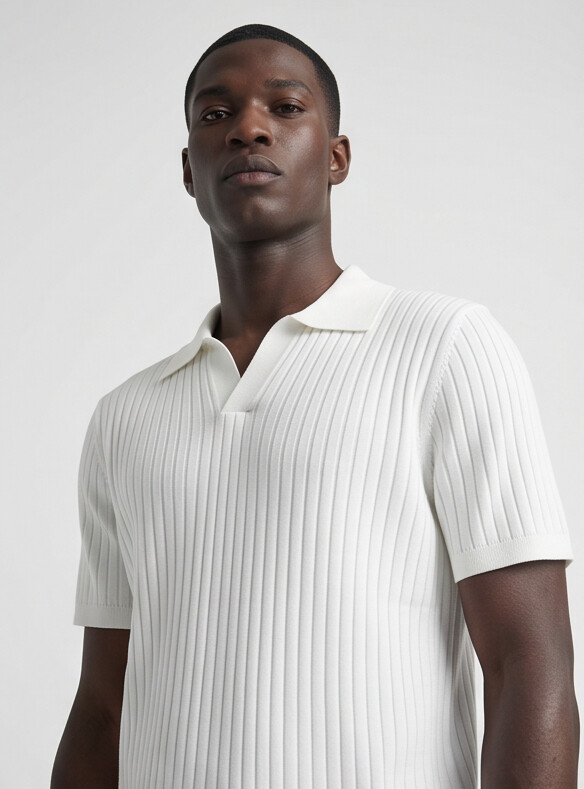 Hendrick | Ribbed Knit Polo with Spread Collar - White