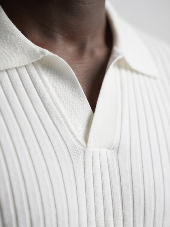 Hendrick | Ribbed Knit Polo with Spread Collar - White