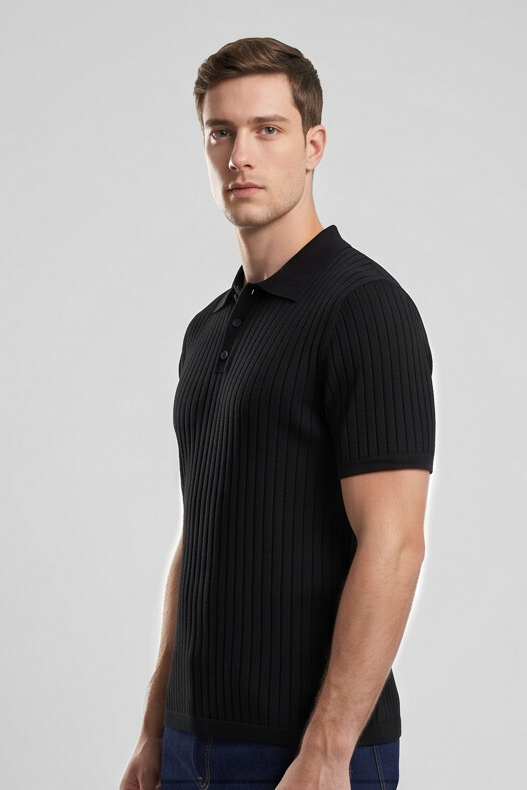Vernon — Ribbed Short Sleeve Polo Shirt - Black