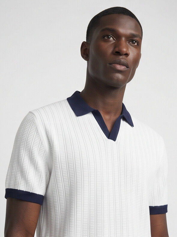Benton - Ribbed Short Sleeve Polo Shirt | White/Navy