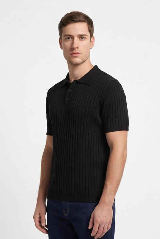 Vernon — Ribbed Short Sleeve Polo Shirt - Black
