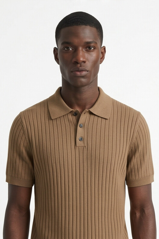 Vernon — Ribbed Short Sleeve Polo Shirt - Camel