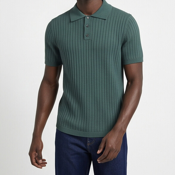 Vernon — Ribbed Short Sleeve Polo Shirt - Forest Green