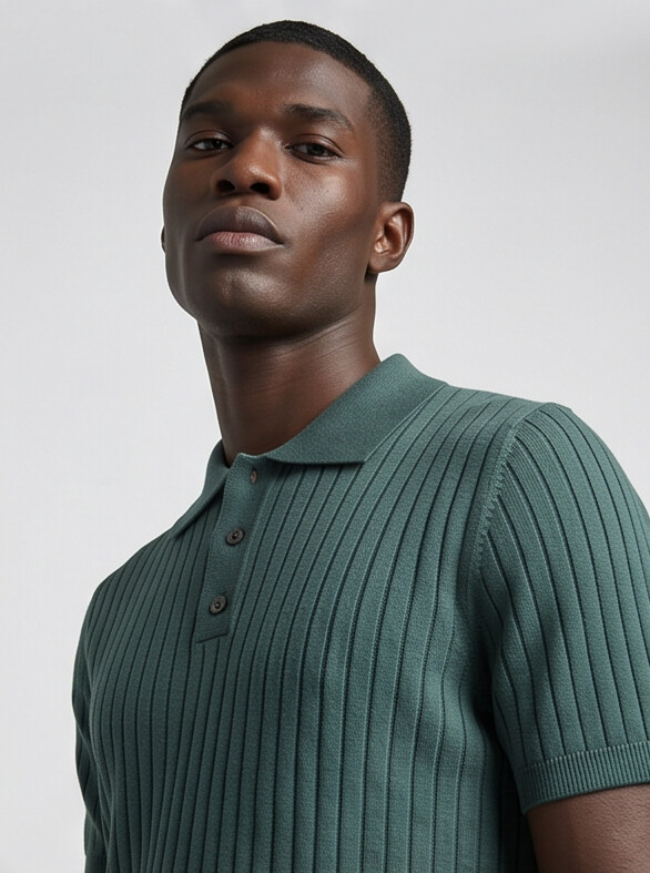 Vernon — Ribbed Short Sleeve Polo Shirt - Forest Green