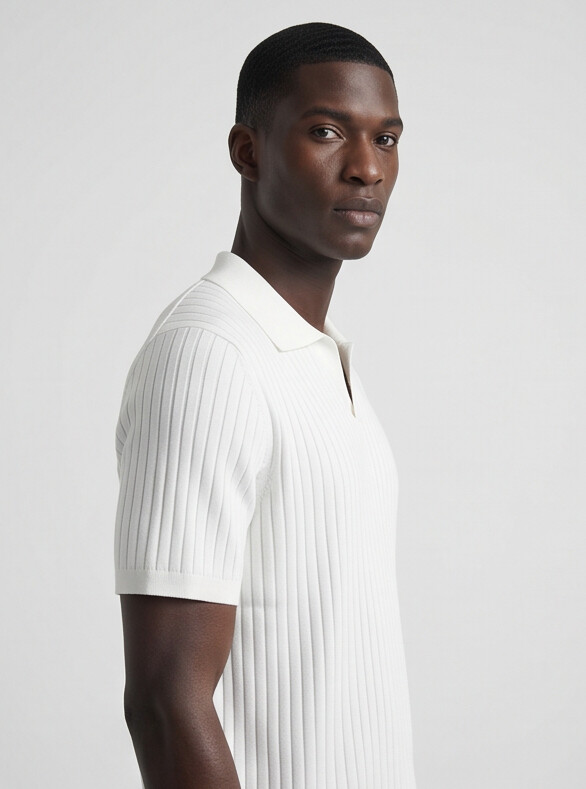 Hendrick | Ribbed Knit Polo with Spread Collar - White