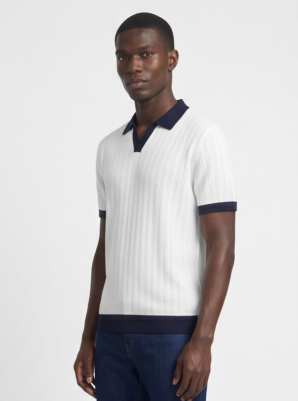 Benton - Ribbed Short Sleeve Polo Shirt | White/Navy