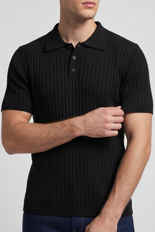Vernon — Ribbed Short Sleeve Polo Shirt - Black