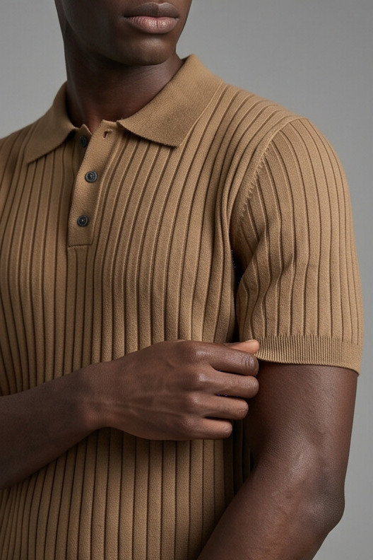 Vernon — Ribbed Short Sleeve Polo Shirt - Camel