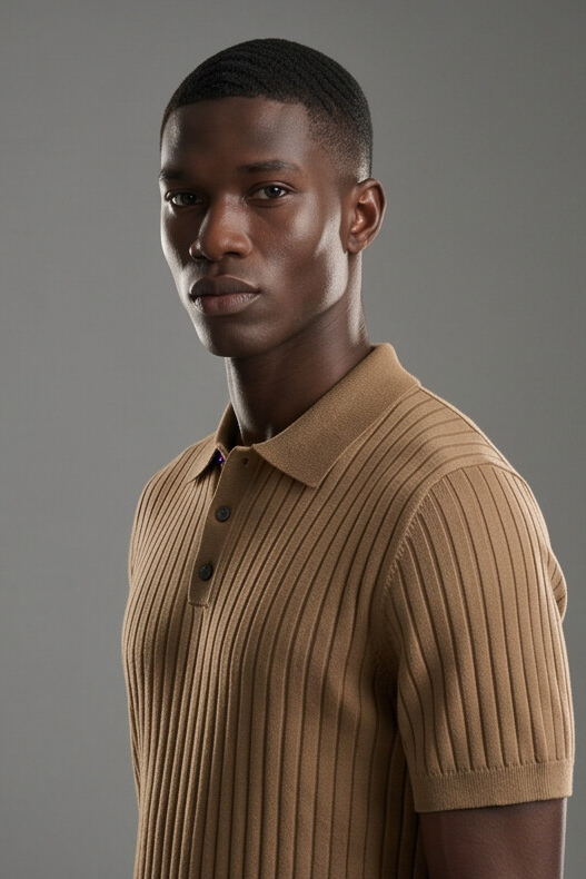 Vernon — Ribbed Short Sleeve Polo Shirt - Camel