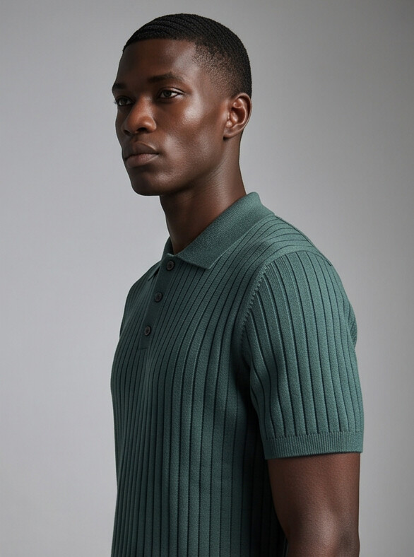 Vernon — Ribbed Short Sleeve Polo Shirt - Forest Green