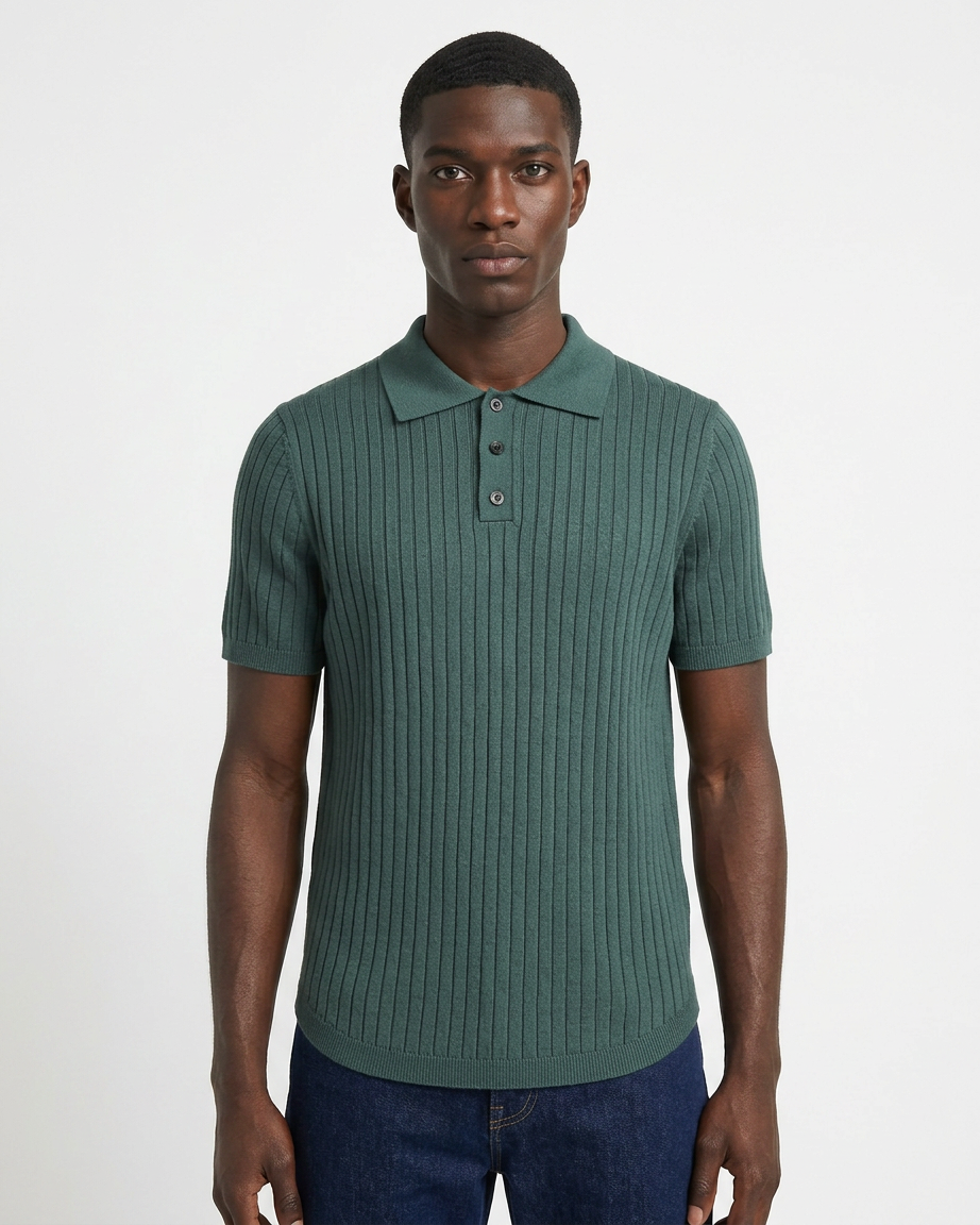 Vernon — Ribbed Short Sleeve Polo Shirt - Forest Green