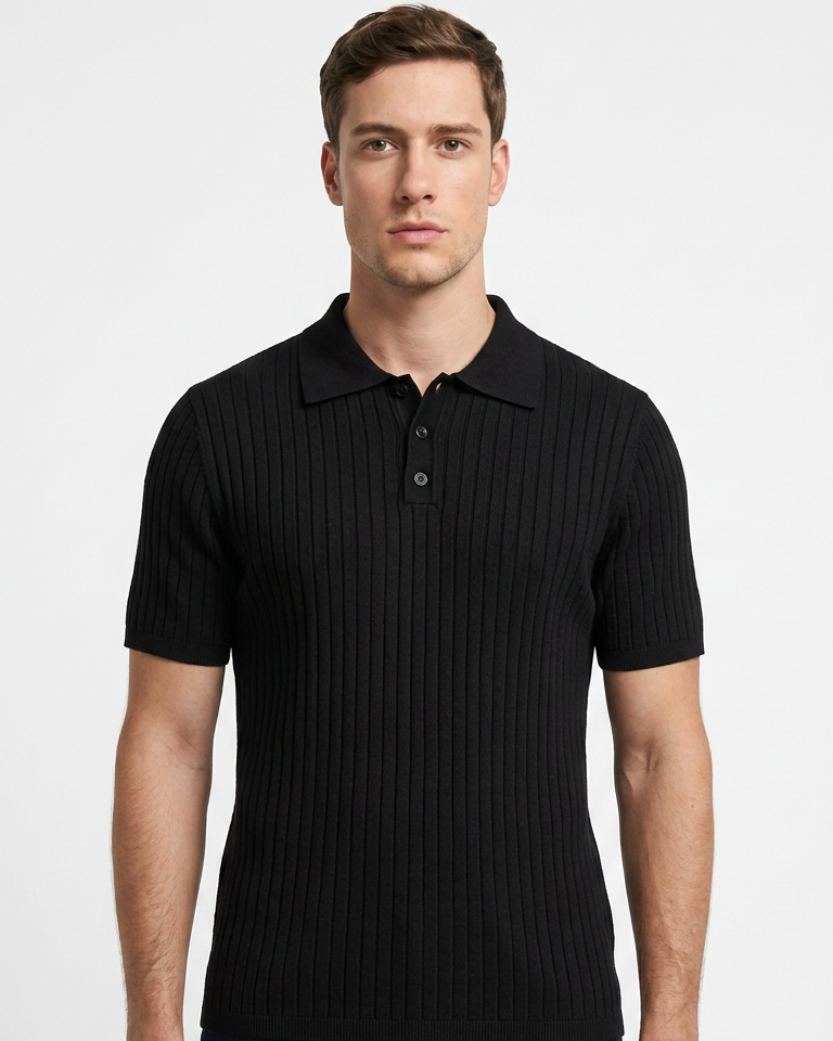 Vernon — Ribbed Short Sleeve Polo Shirt - Black