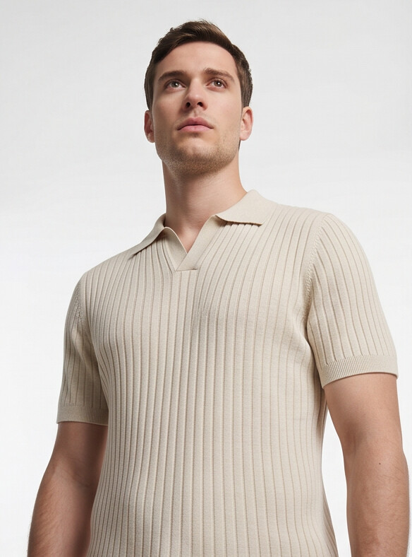 Hendrick | Ribbed Knit Polo with Spread Collar - Beige