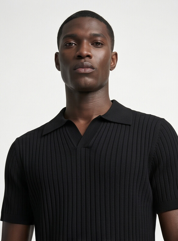 Hendrick | Ribbed Knit Polo with Spread Collar - Black