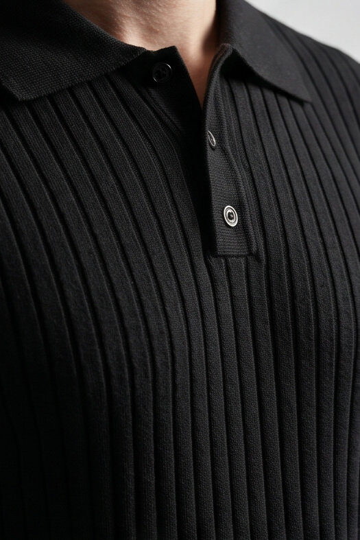 Vernon — Ribbed Short Sleeve Polo Shirt - Black