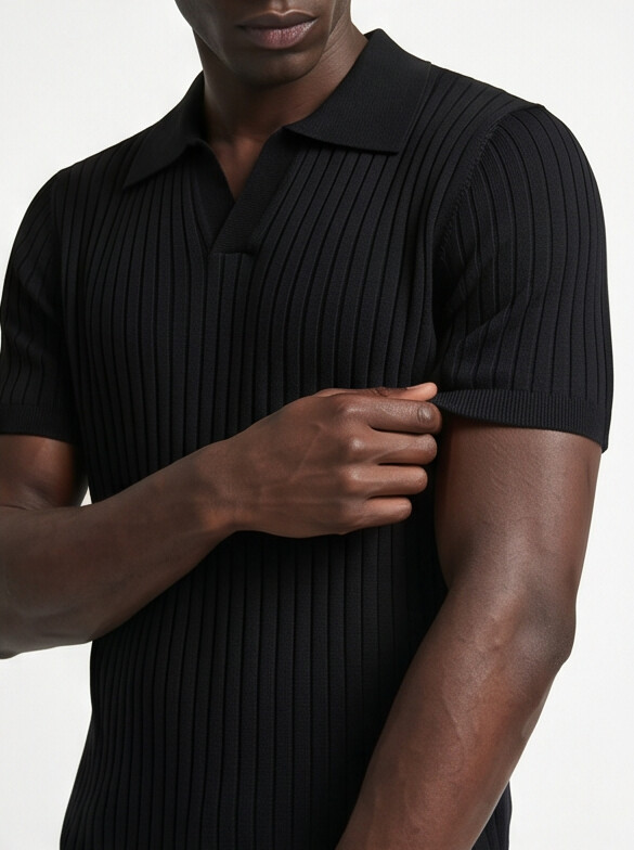 Hendrick | Ribbed Knit Polo with Spread Collar - Black