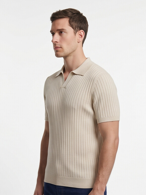 Hendrick | Ribbed Knit Polo with Spread Collar - Beige